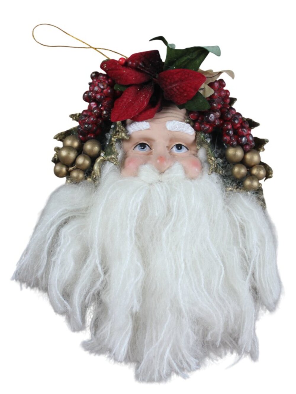 Vintage Rustic Old World Santa Claus Face Christmas Ornament Poinsettia 8" RARE